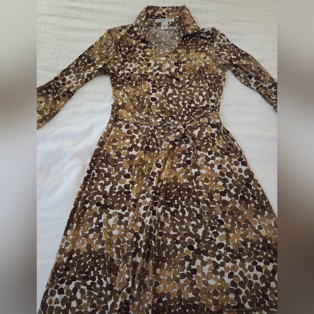 Geoffrey Beene MED Belted Print ¾ Slv Midi Dress Brown Tan